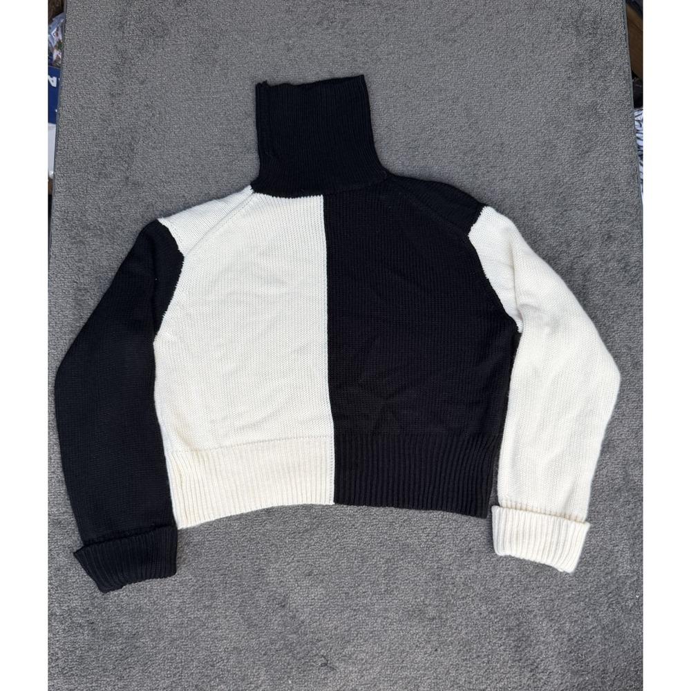 Etiquette Black White Colorblock Turtleneck Sweater Cropped Knit Size M